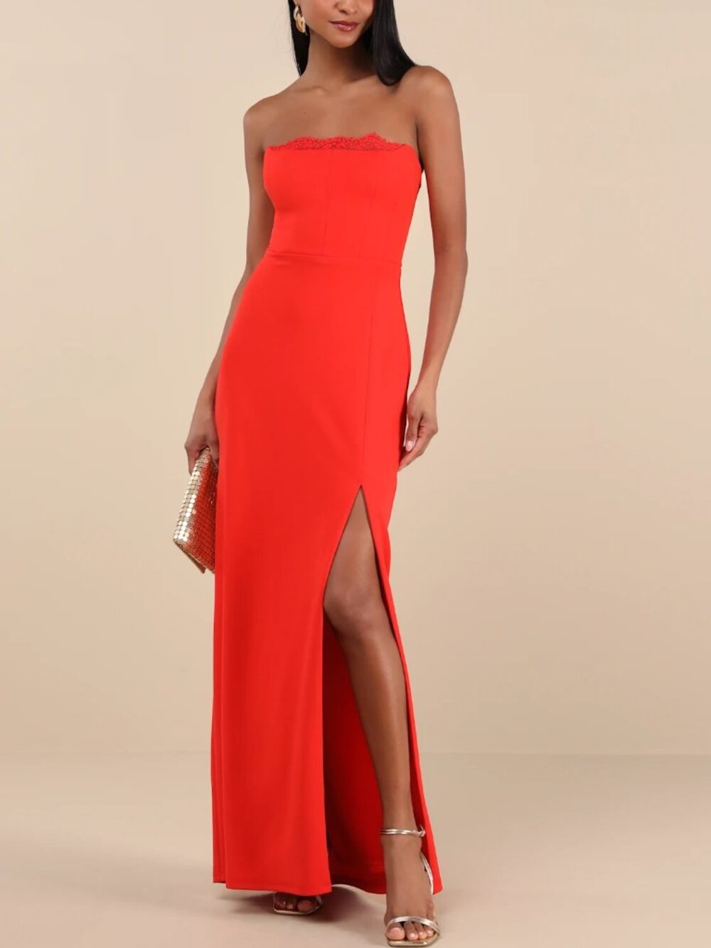 Lulus Memorably Iconic Red Strapless Lace Bustier Maxi Dress Size M